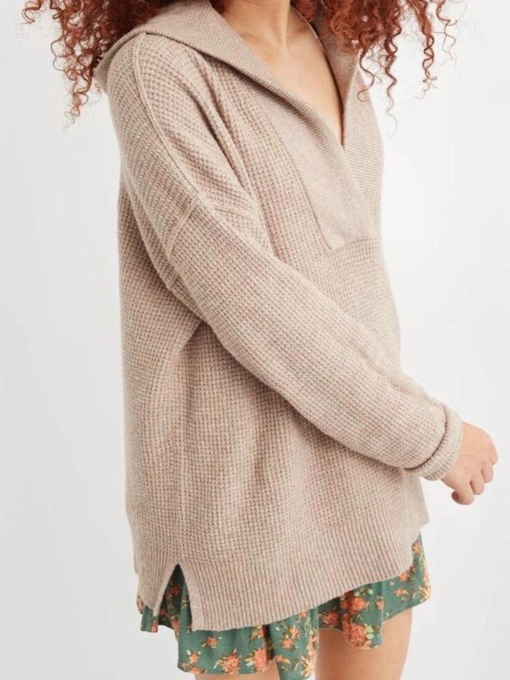 Aerie CozyUp Waffle Knit Oversized Boxy Comfy Hooded Sweater Tan Neutral Sz S